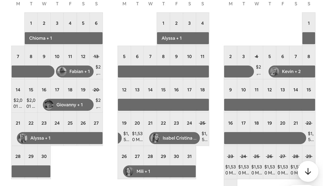 Tres calendarios originales de reservas de un departamento operado por Céssar