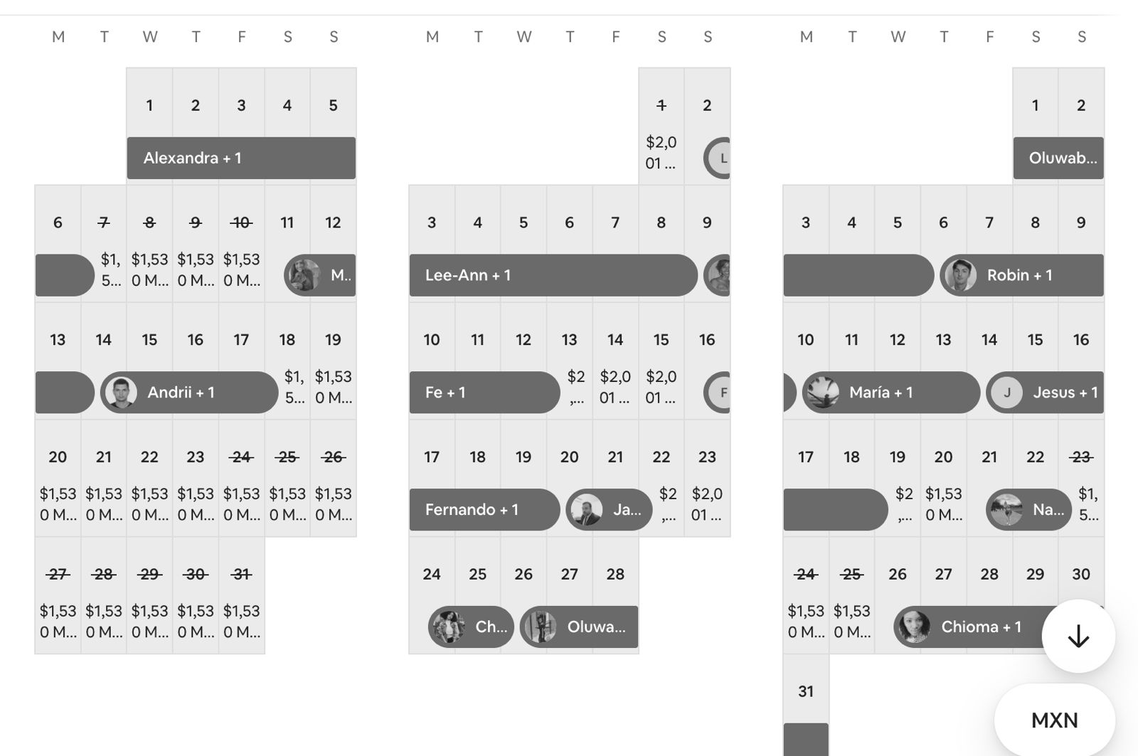 Otros tres calendarios originales de reservas del mismo departamento