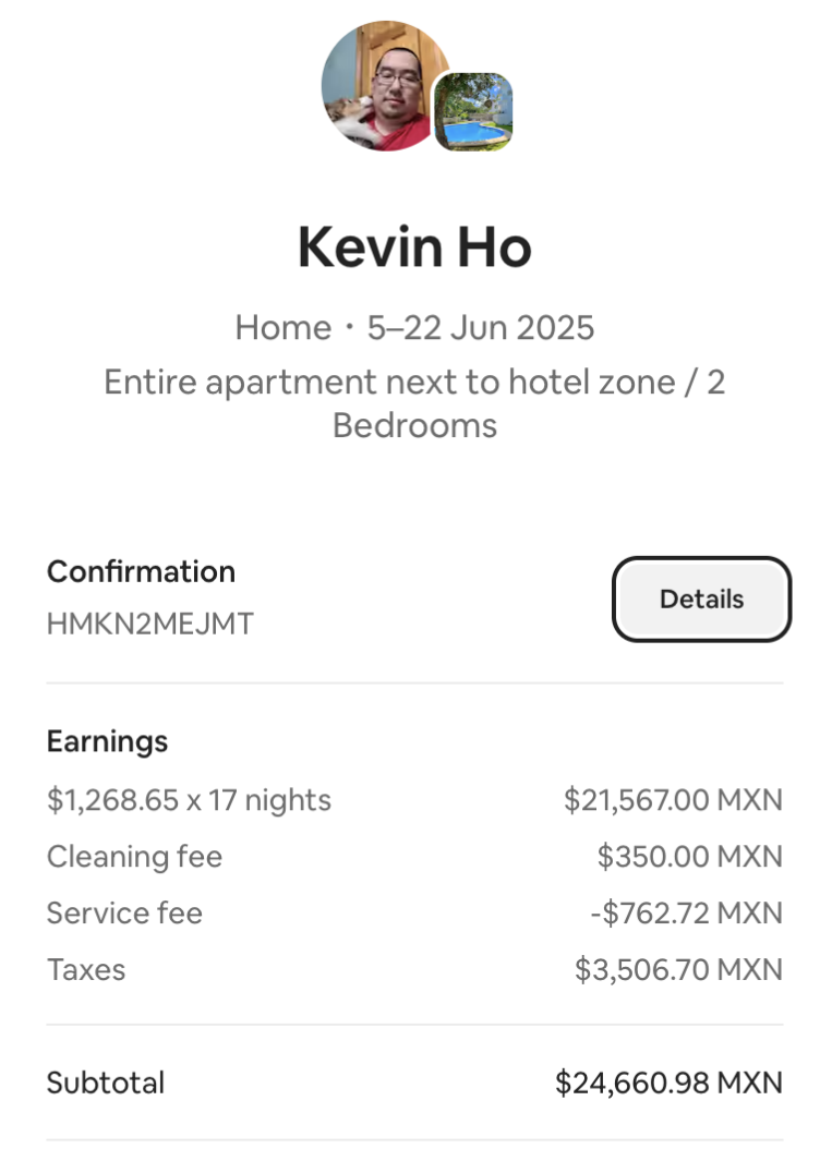 Reserva real de Airbnb de 17 noches con subtotal de 24,660.98 pesos mexicanos
